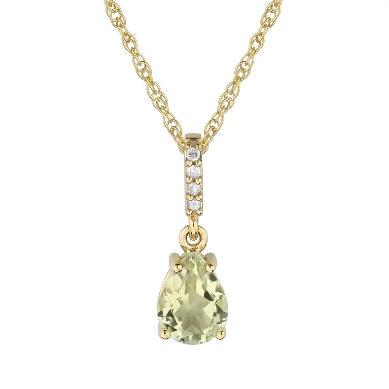 Cotton braid necklaces-Viducci 10k Yellow Gold Genuine Pear-Shape Green Amethyst and Diamond Drop Pendant Necklace