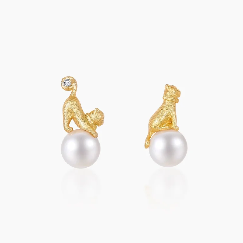 Polished bead earrings-Cat Pearl Earring Studs in Sterling Silver