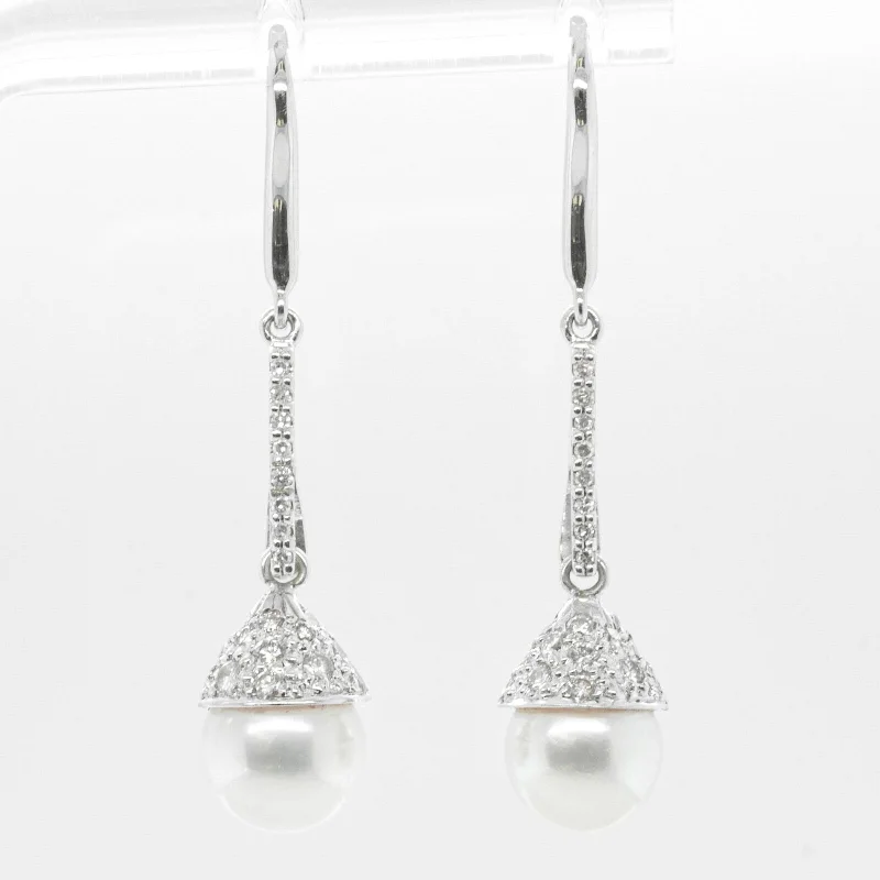 Woven cord earrings-18k & 14k White Gold Diamond 8.25mm Pearl Earrings 0.45ctw 5.1g