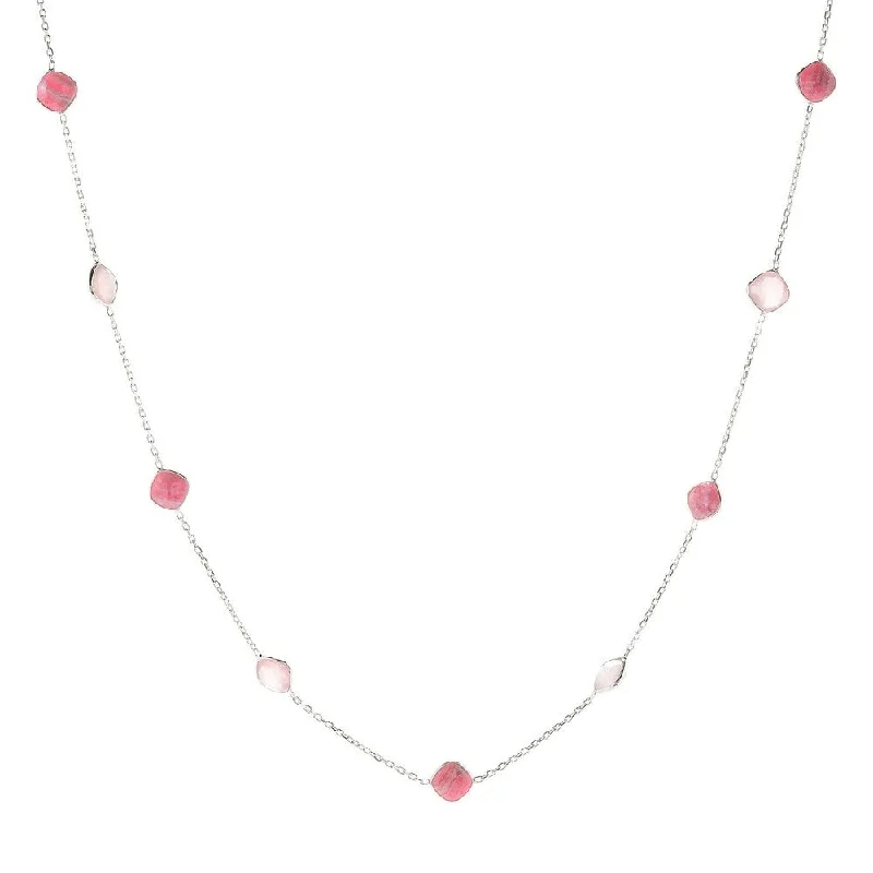 Fine bead necklaces-Sterling Silver 36" 10mm Cushion Shaped Rhodochrosite Station Necklace