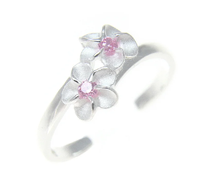 Round diamond engagement rings-925 Sterling Silver Hawaiian Double Plumeria Flower Pink CZ Open Toe Ring