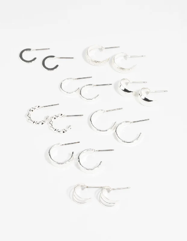 Surf motif earrings-Silver Textured Hoop Earring 8-Pack