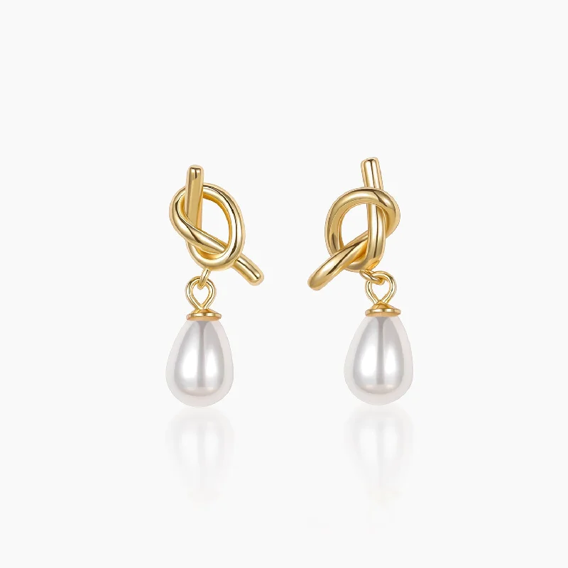 Smooth drop earrings-14K Gold Plated Knotted Pearl Earrings