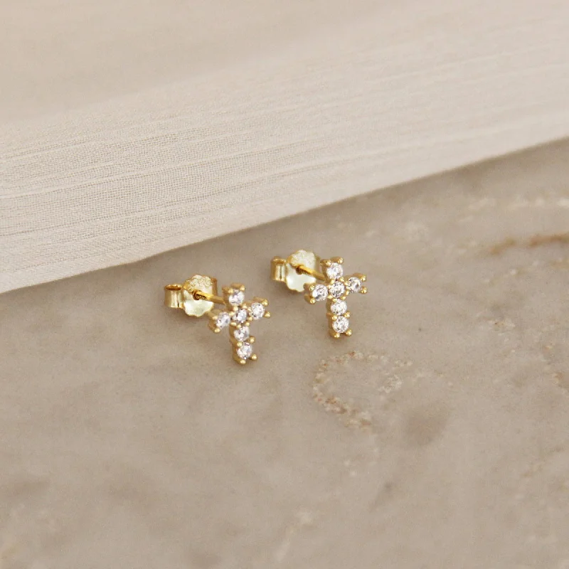 Light wood earrings-CZ Cross Stud Earrings