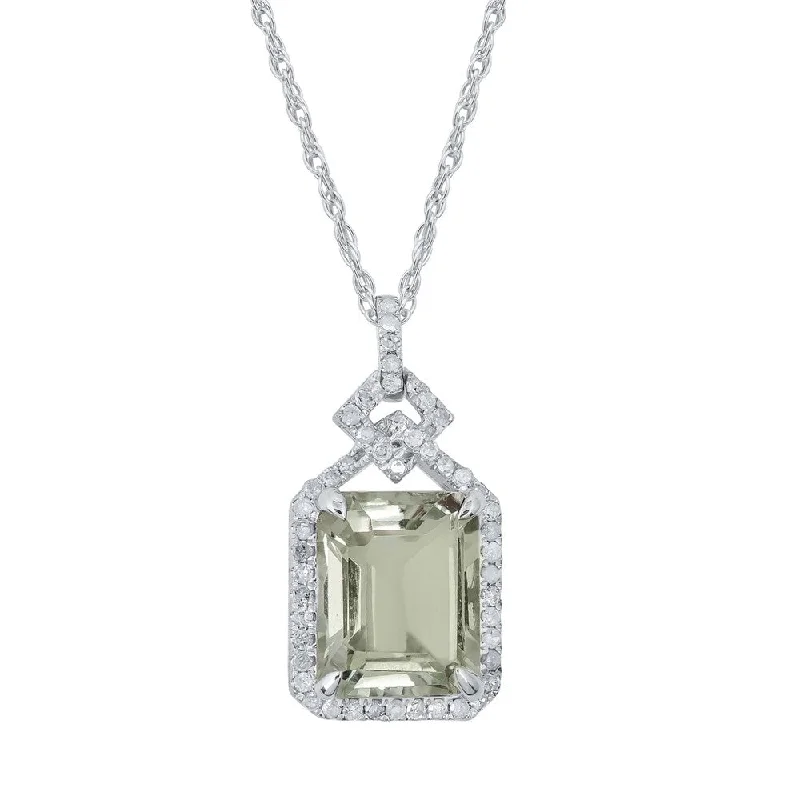 Mystic eye necklaces-Viducci 10k White Gold Genuine Emerald-cut Green Amethyst and 1/4ct Diamond Halo Necklace