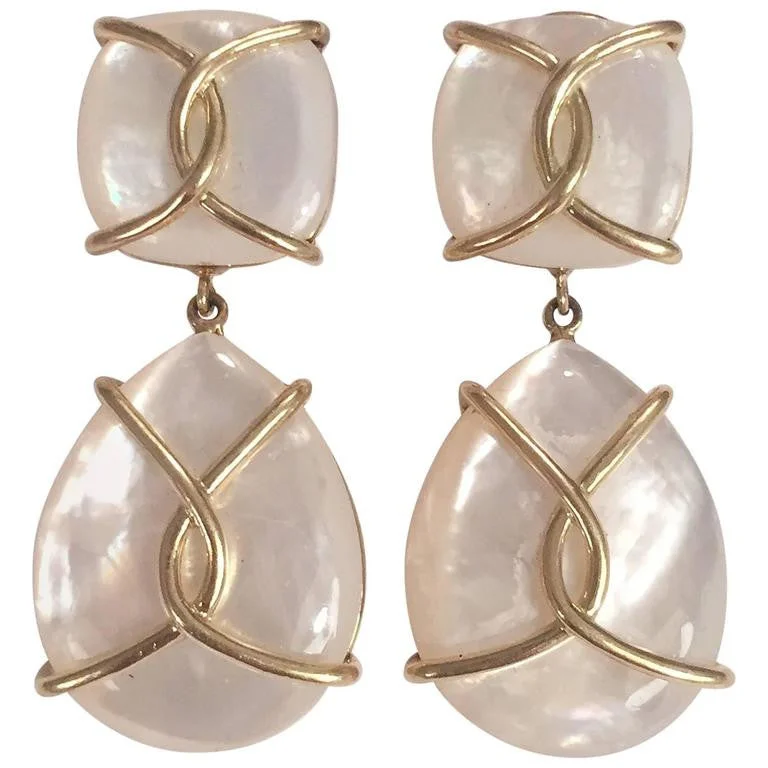 Bead weave earrings-Mother Of Pearl Cushion Drop Earrings with Twisted Gold Detail