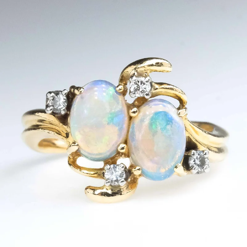 Double band engagement rings-Oval Opals and Diamond Accented Gemstone Ring in 14K Yellow Gold