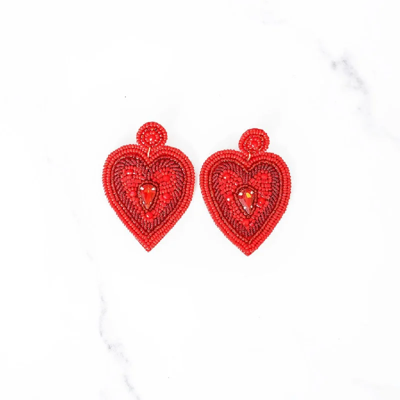 Victorian style earrings-Red Bejeweled Beaded Heart Earrings