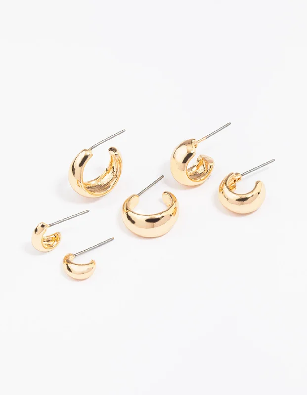 Lily motif earrings-Gold Mixed Gradual Simple Hoop Earring 3-Pack