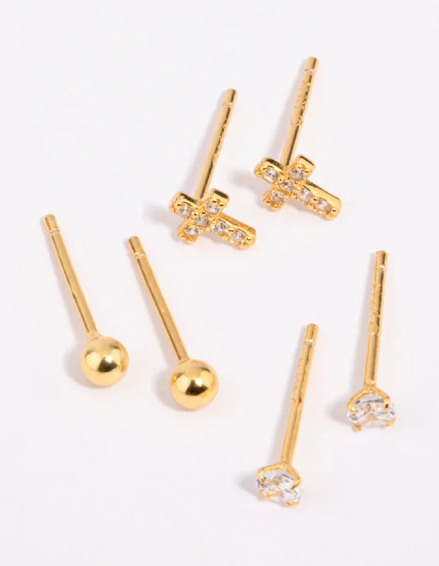 Twine bead earrings-Gold Plated Sterling Silver Cross & Diamante Stud Earring Pack