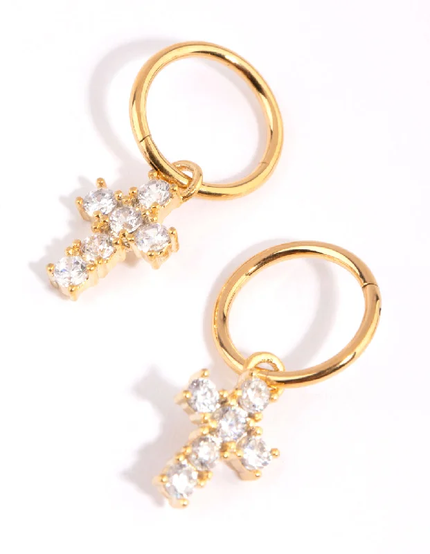 Light clay earrings-Gold Plated Surgical Steel Cubic Zirconia Cross Sleeper Earrings