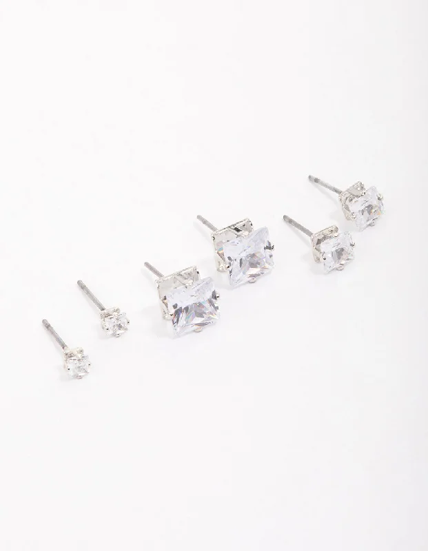 Thick hoop earrings-Silver Cubic Zirconia Square Graduated Earrings Pack