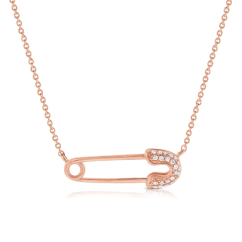 Linen cord necklaces-Joelle Safety Pin Diamond Necklace 14K Rose Gold 16-inch -18-inch