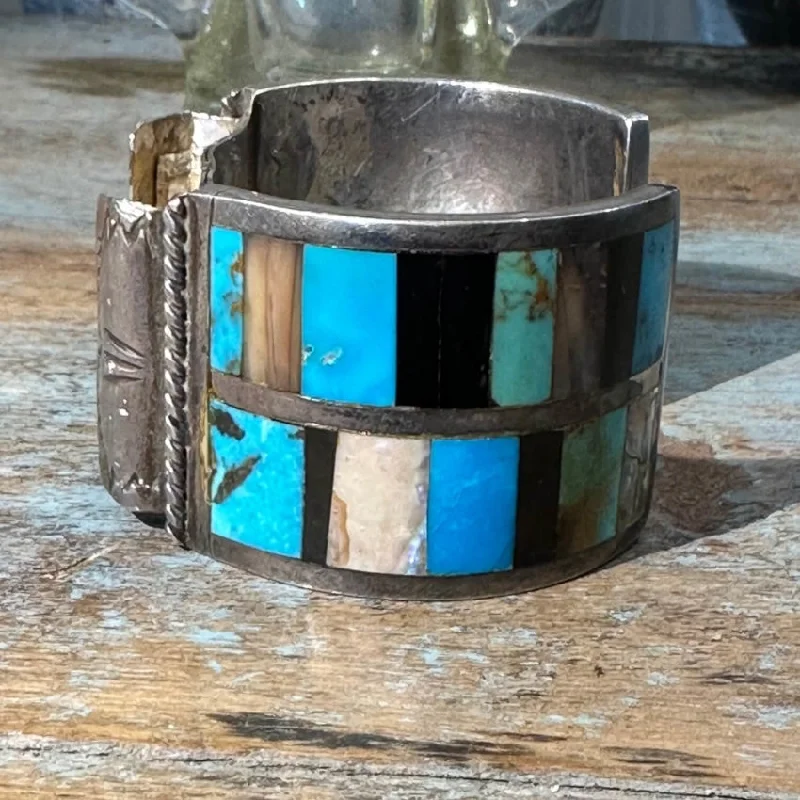 Smooth form bangles-Old Navajo Turquoise Mosaic Inlay Bracelet Sterling Silver