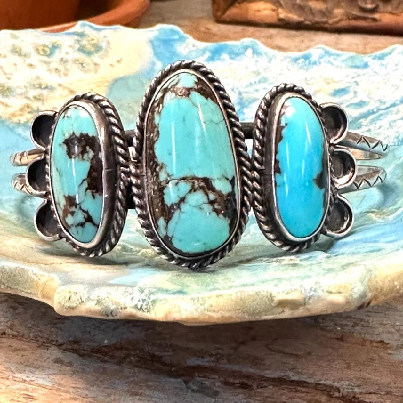 Bold gem bangles-Vintage Navajo Sterling Silver Bracelet Blue & Black Turquoise