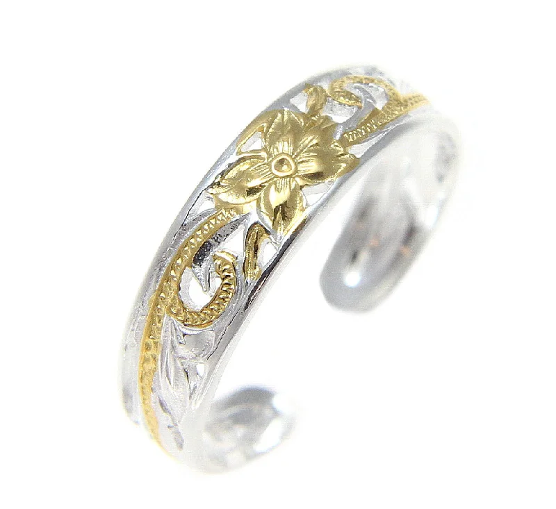 Carved initial engagement rings-925 Silver Yellow Gold 2T Hawaiian Plumeria Scroll 4mm Inside Cut Open Toe Ring