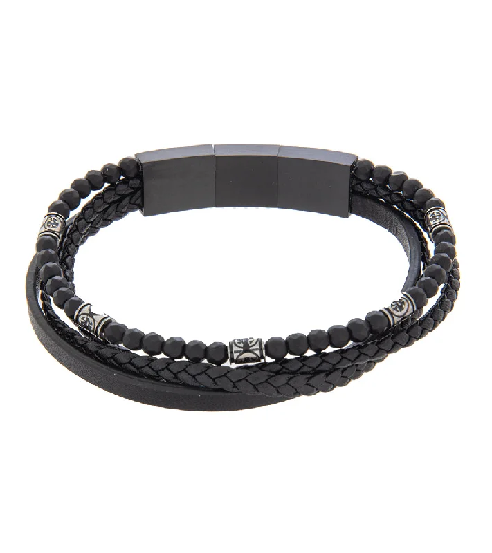 Oak grain bangles-Mens Bracelet 21-23 cm Black Multi-Leather with Stone and extender