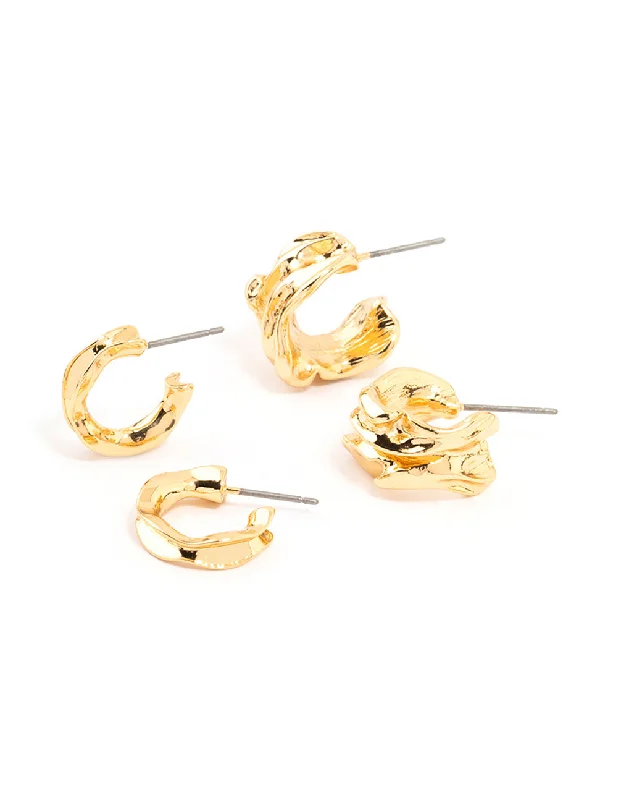 Radiant pearl earrings-Gold Plated Molten Thick & Thin Hoop Earrings 2-Pack