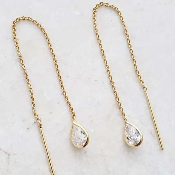 Crystal-twisted earrings-Gold Crystal Threader Earrings - Clear