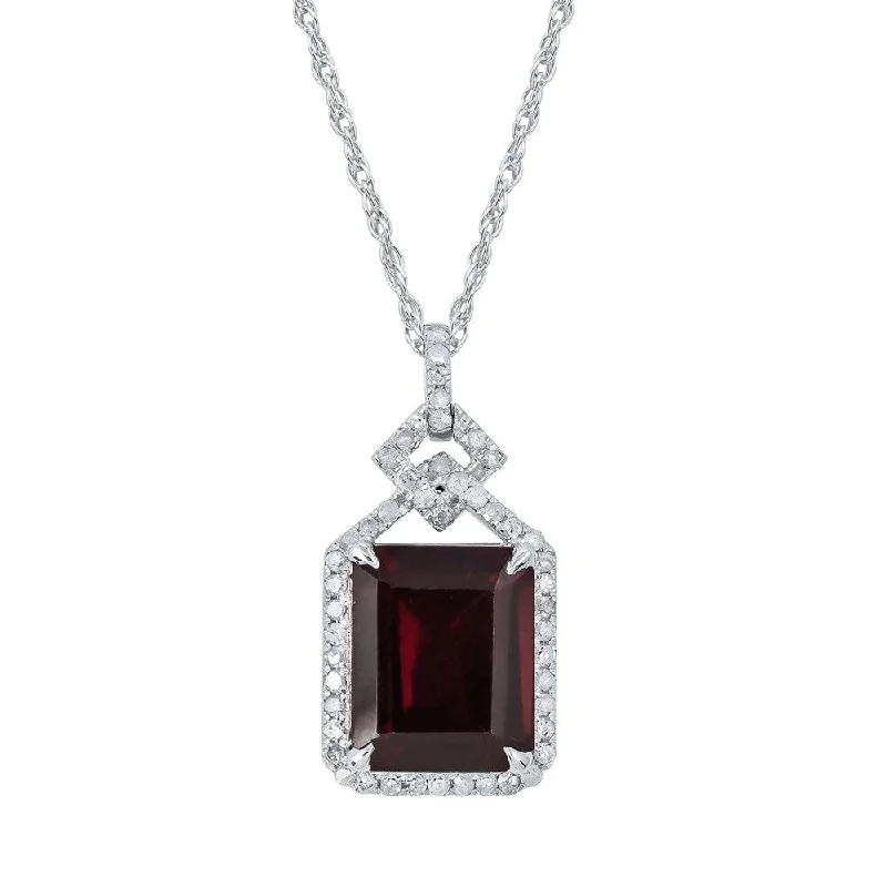 Nine-strand necklaces-Viducci 10k White Gold Genuine Emerald-cut Garnet and 1/4ct Diamond Halo Necklace