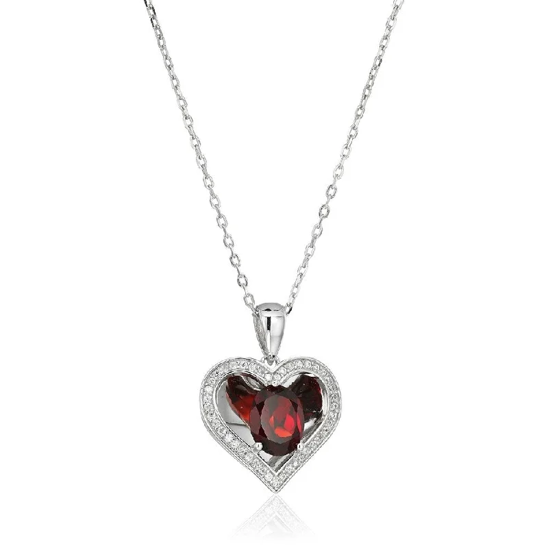 Stretch cord necklaces-Sterling Silver Red Garnet Reflection Heart Pendant Necklace, 18"