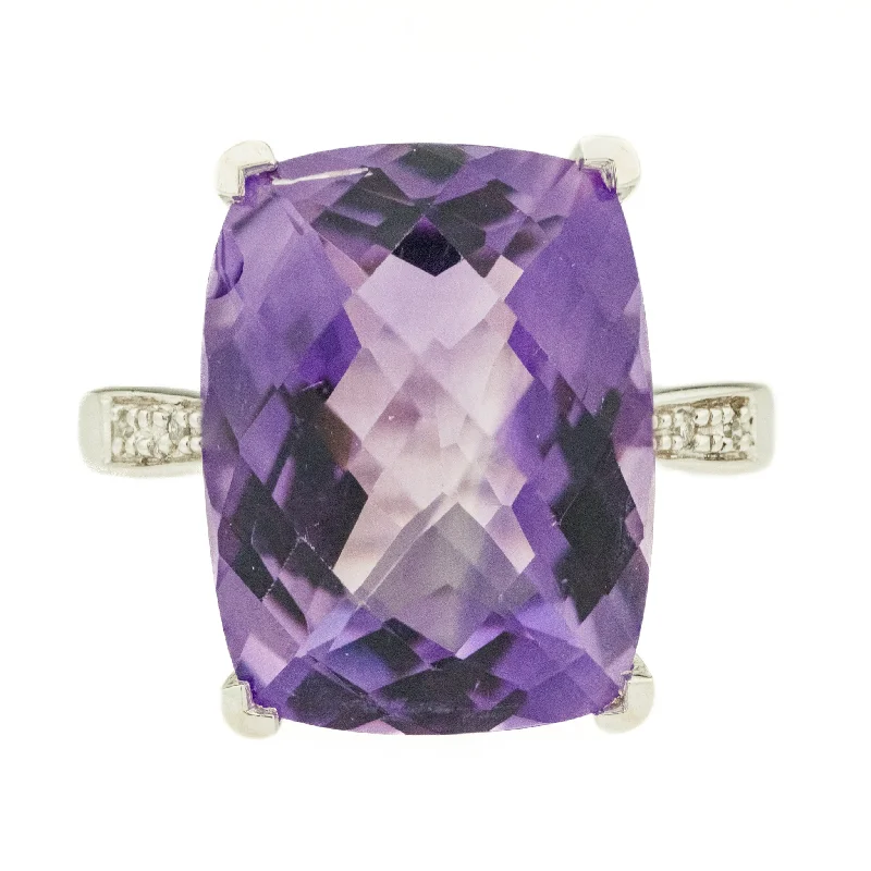 Satin silver engagement rings-15.36ct Cushion Amethyst w/ 0.03ctwDiamond Accents Gemstone Ring in 14K White Gold