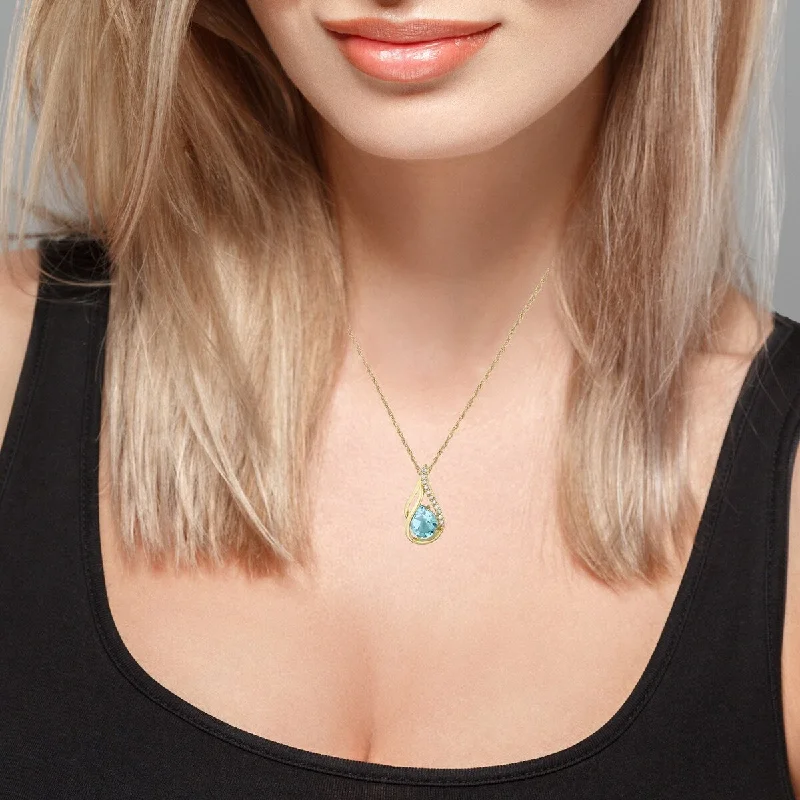 Mystic eye necklaces-Viducci 10k Yellow Gold Genuine Pear-shape Blue Topaz and Diamond Halo Drop Pendant Necklace