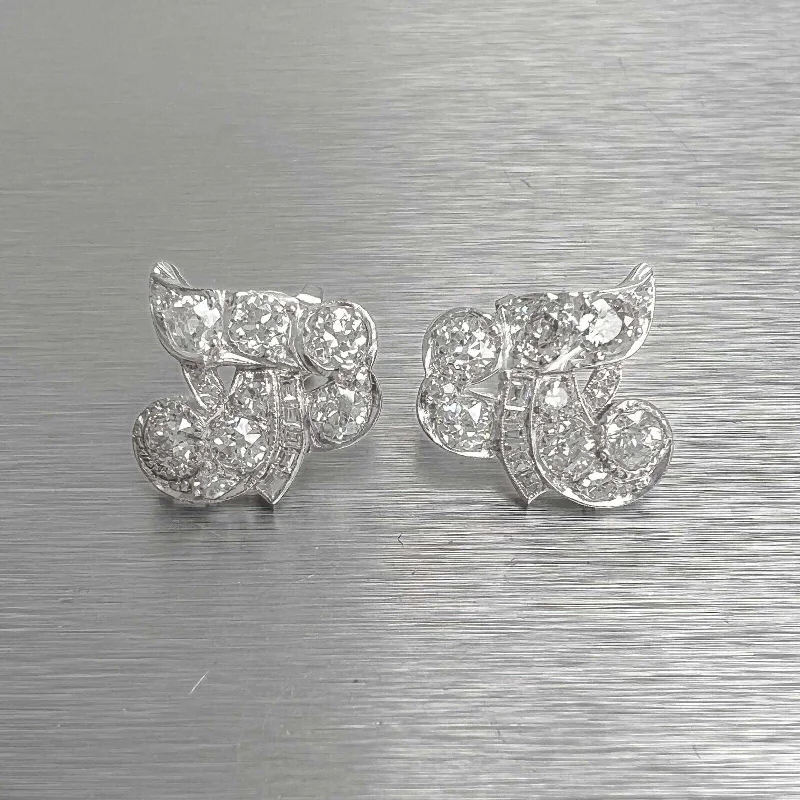 Tide drop earrings-Antique Platinum 950 Old Mine & Baguette Diamond Ribbon Earrings 2.97ctw G SI1