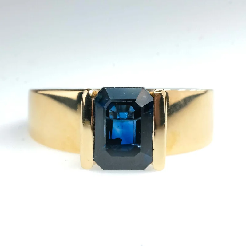 Woven cord engagement rings-1.95ct Bar-Set Emerald Cut Blue Sapphire Solitaire Ring in 14K Yellow Gold