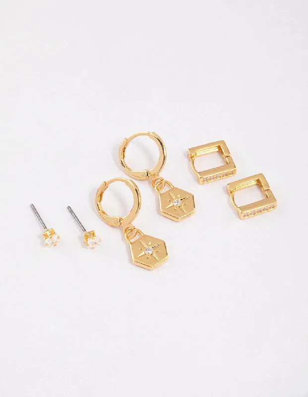 Dove feather earrings-Gold Plated Brass Cubic Zirconia Hexagon & Square Earrings 6-Pack