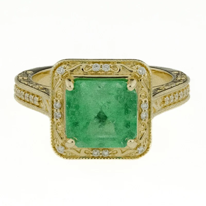 Chunky stone engagement rings-2.29ctw Natural Emerald and Diamond Fashion Ring in 14K Yellow Gold - Size 6.25