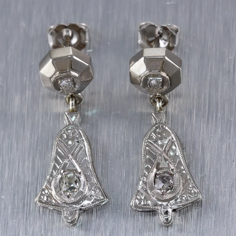 Onyx gem earrings-1920's Antique Art Deco 14k White Gold 0.25ctw Diamond Drop Bell Earrings