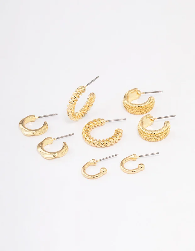 Two-tone earrings-Gold Plated Textured Chunky Hoop Earrings 4-Pack