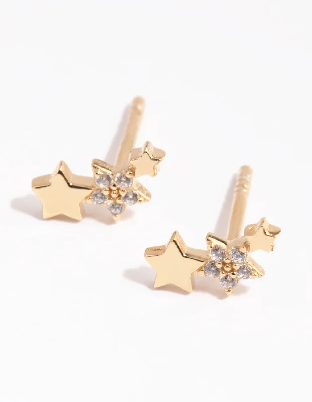 Ruby stone earrings-Gold Plated Sterling Silver Star Cluster Stud Earrings