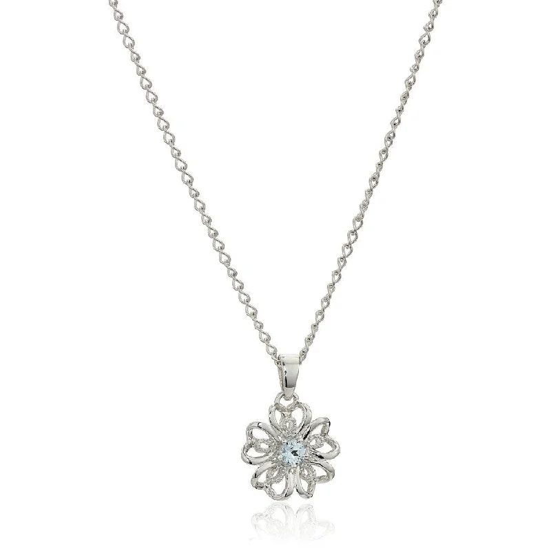 Braided link necklaces-Sterling Silver Aquamarine Flower Pendant Necklace, 18"