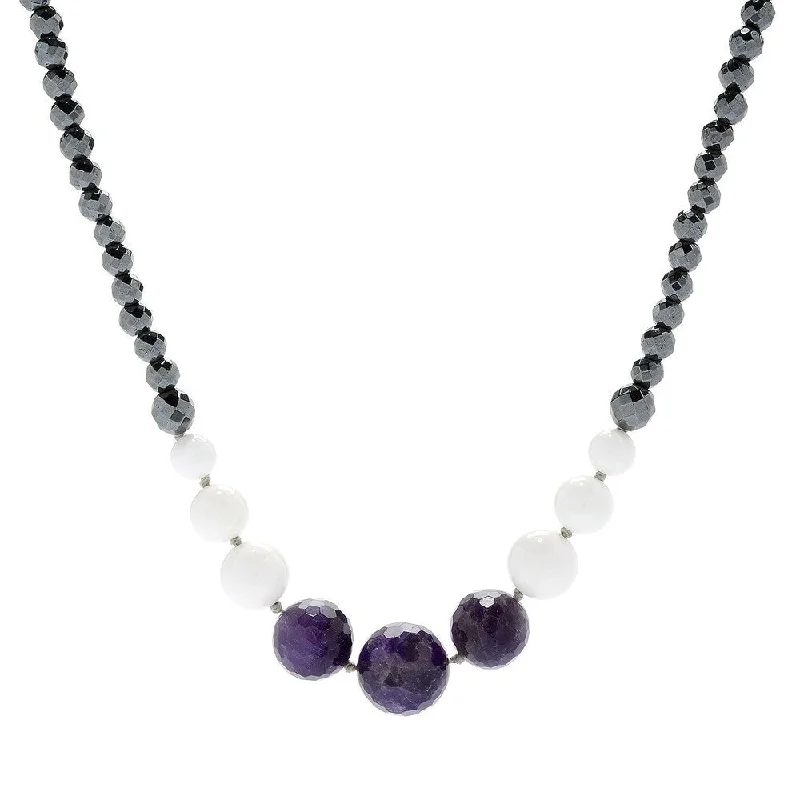 Faith charm necklaces-Amethyst Hematite, White Agate & Gemstone Bead Necklace 42"