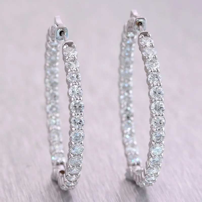 Flat badge earrings-Modern 14k White Gold 8.40ctw Diamond In & Out Hoop Earrings