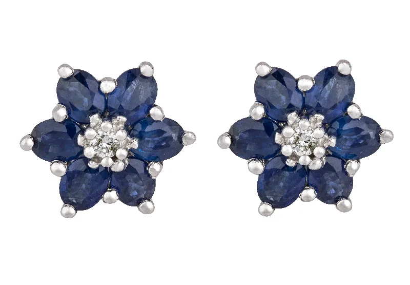 Wave design earrings-Women's EFFY 14K White Gold 0.06ctw Diamond & Blue Sapphire Flower Stud Earrings