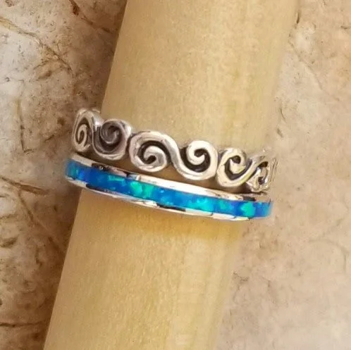 Dove feather engagement rings-Swirly & Blue Opal "Ocean Blue" (Sterling Silver)