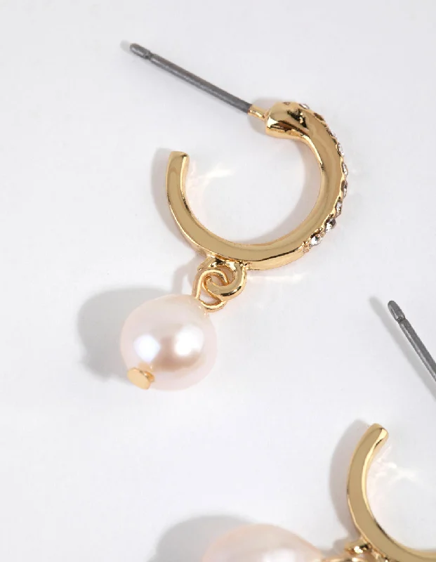 Topaz stud earrings-Gold Plated Diamante & Freshwater Pearl Huggie Earrings