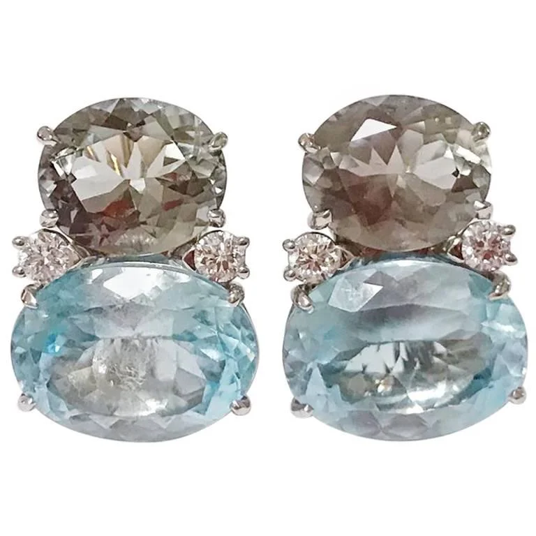 Fox wing earrings-Large GUM DROP™ Earrings with Green Amethyst and Pale Blue Topaz and Diamonds