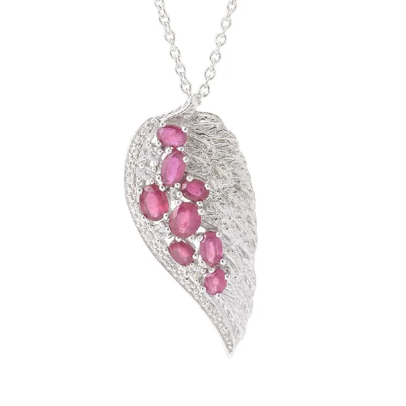 Layered link necklaces-Platinum over Stering Silver Ruby and White Zircon Angel Wing Necklace