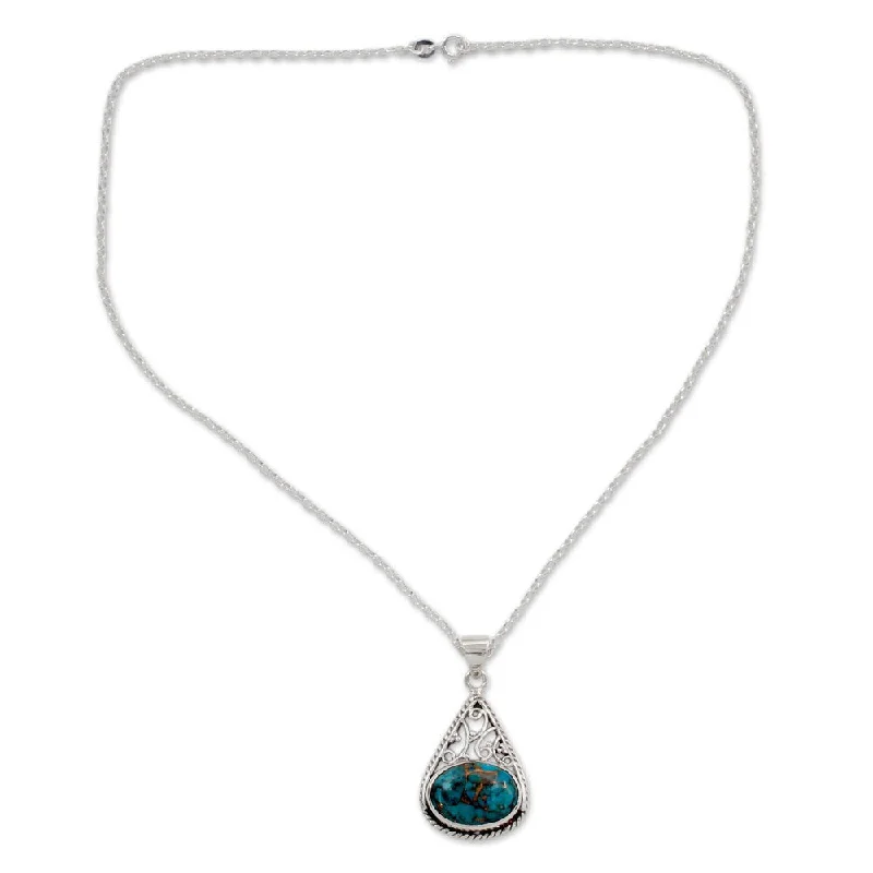 Alloy metal necklaces-Handmade Sterling Silver 'Divine Sky' Turquoise Necklace (India) - Clear/Silver