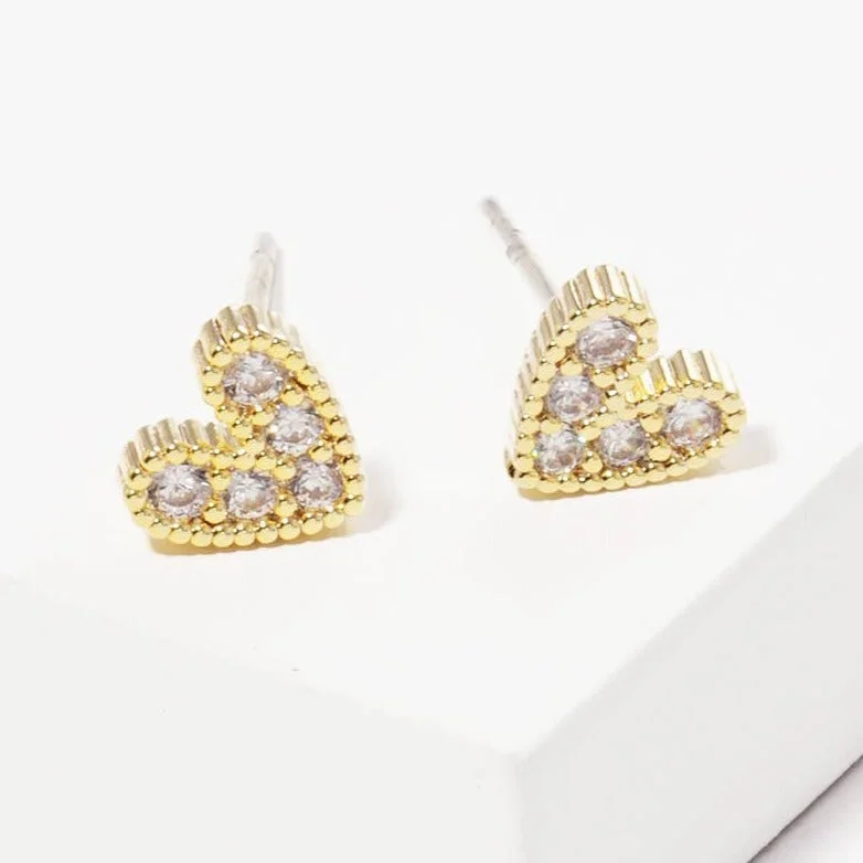 Wide statement earrings-Dipped Heart CZ Stone Stud Earrings