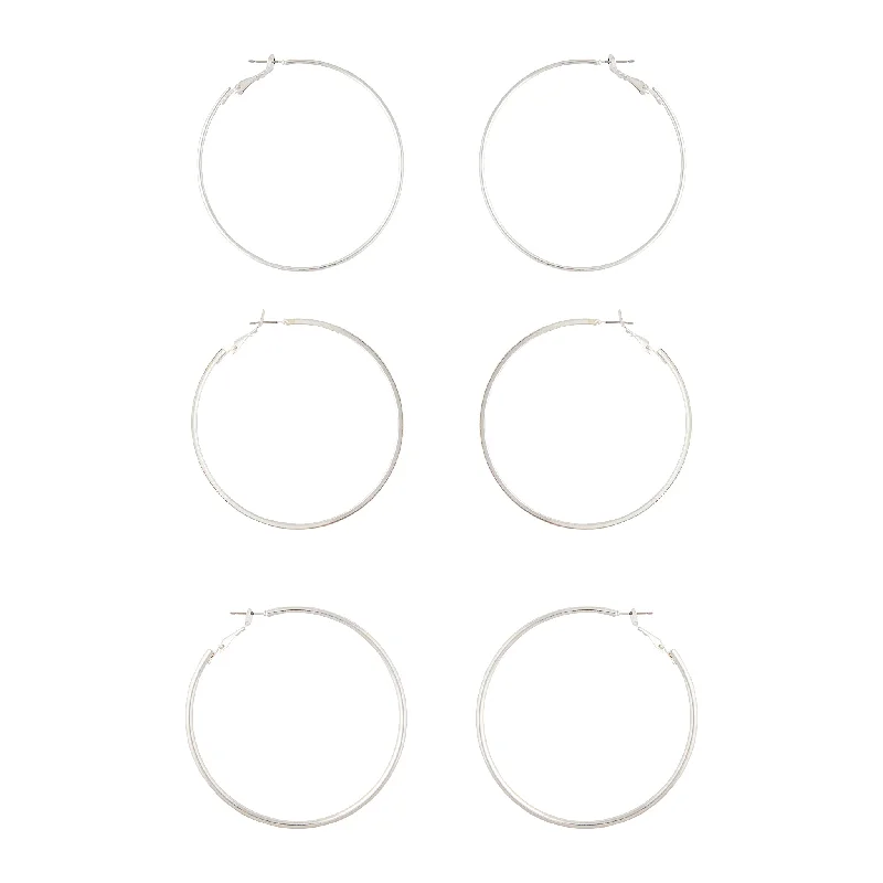 Thin pearl earrings-Silver Trio 60mm Hoop Earrings