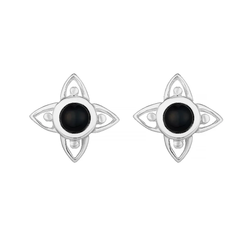 Bamboo style earrings-FLEUR - Sterling Silver & Onyx Studs