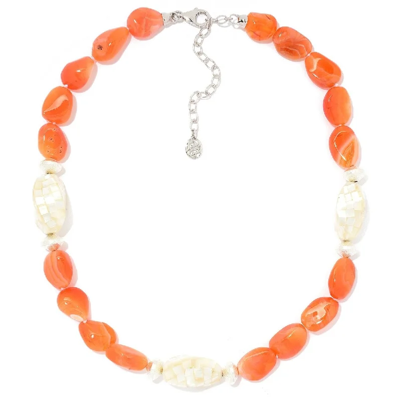 Stellar star necklaces-Dallas Prince Sterling Silver 18.75" Orange Botswana Agate & Mother-of-Pearl Mosaic Necklace