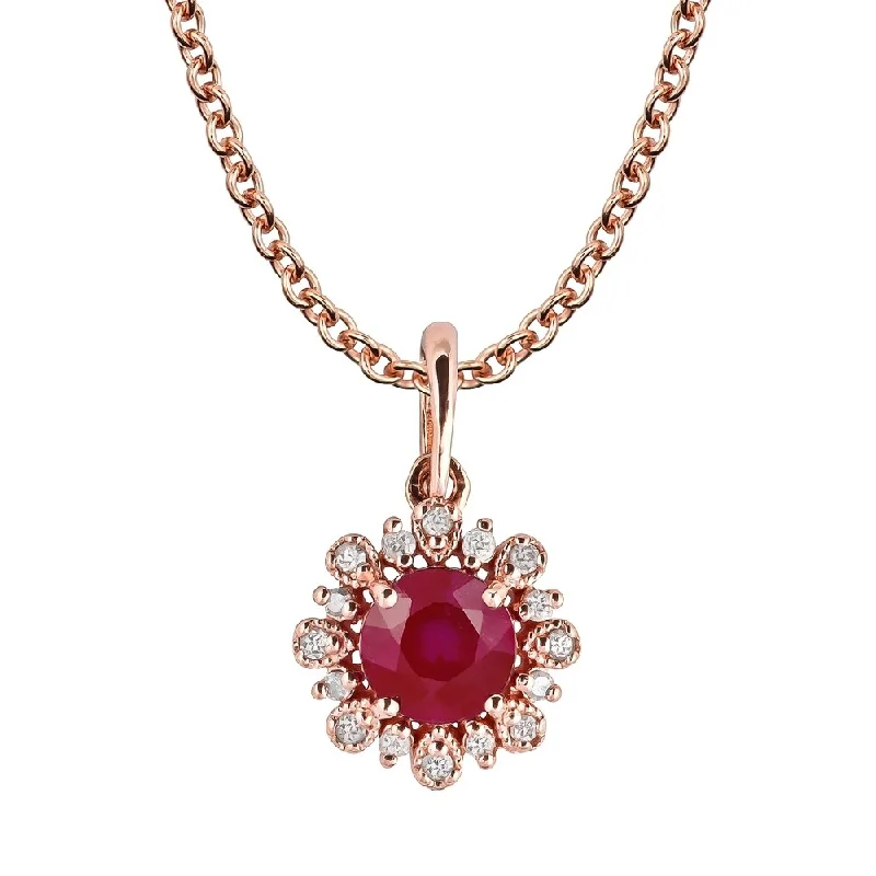 Tide shape necklaces-Viducci 10k Rose Gold Genuine Round Ruby and Diamond Vintage Style Halo Pendant Necklace