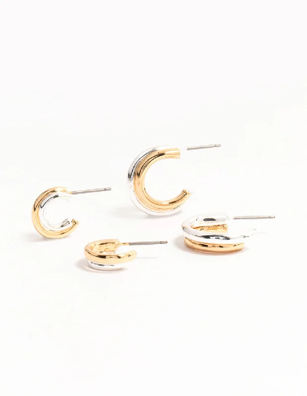 Sleek drop earrings-Mixed Metals Silver & Gold Plated Huggie Hoop Earrings 2-Pack