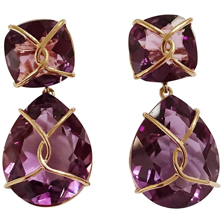 Coiled cord earrings-Yellow Gold Wrapped Drop Earring with Purple Amethyst